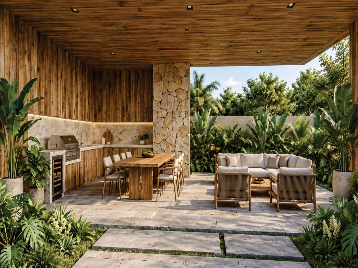 Perspectiva de varanda com materiais naturais e vegetação